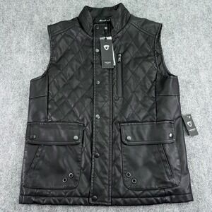 NWT Fried Denim Men Vest Large Black Diamond Quilted Faux Leather Biker Moto Zip